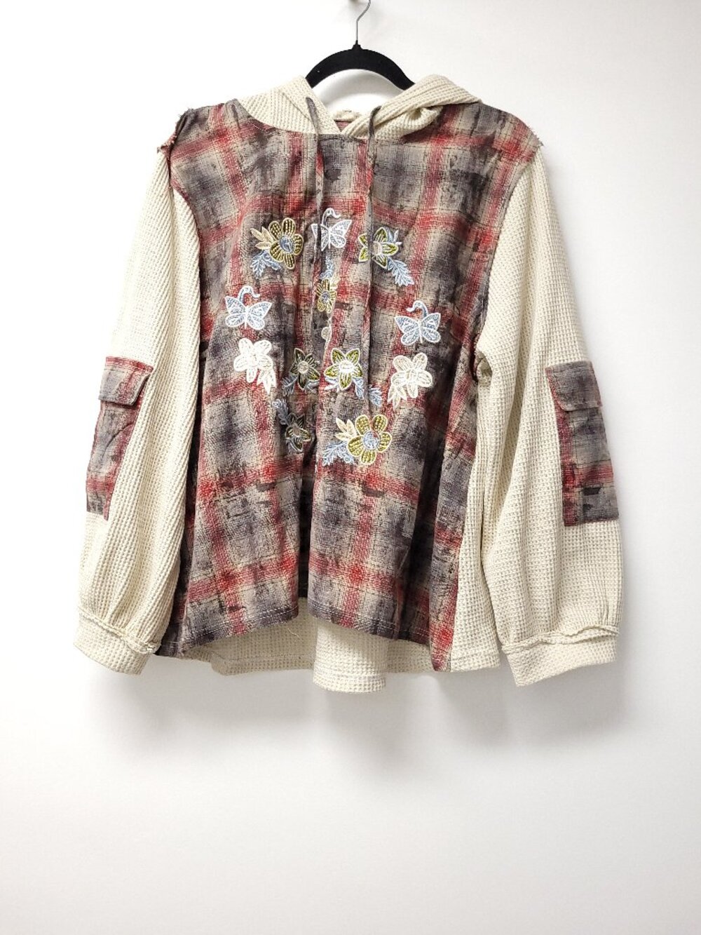 POL Patchwork Long Sleeve Hooded Size M Multicolor Boxy Emboriderd